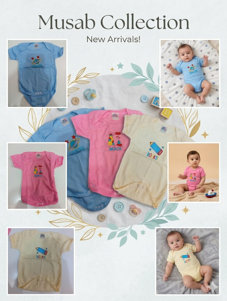 3 Pcs Baby Cotton Romper Set – Beach, Space & Rocks Design